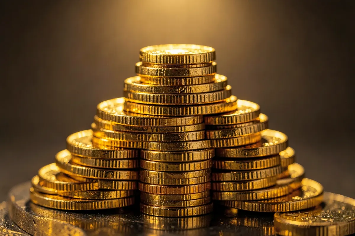 Uma pilha de moedas de ouro empilhadas em forma de pirâmide, com uma luz dourada brilhando sobre elas.