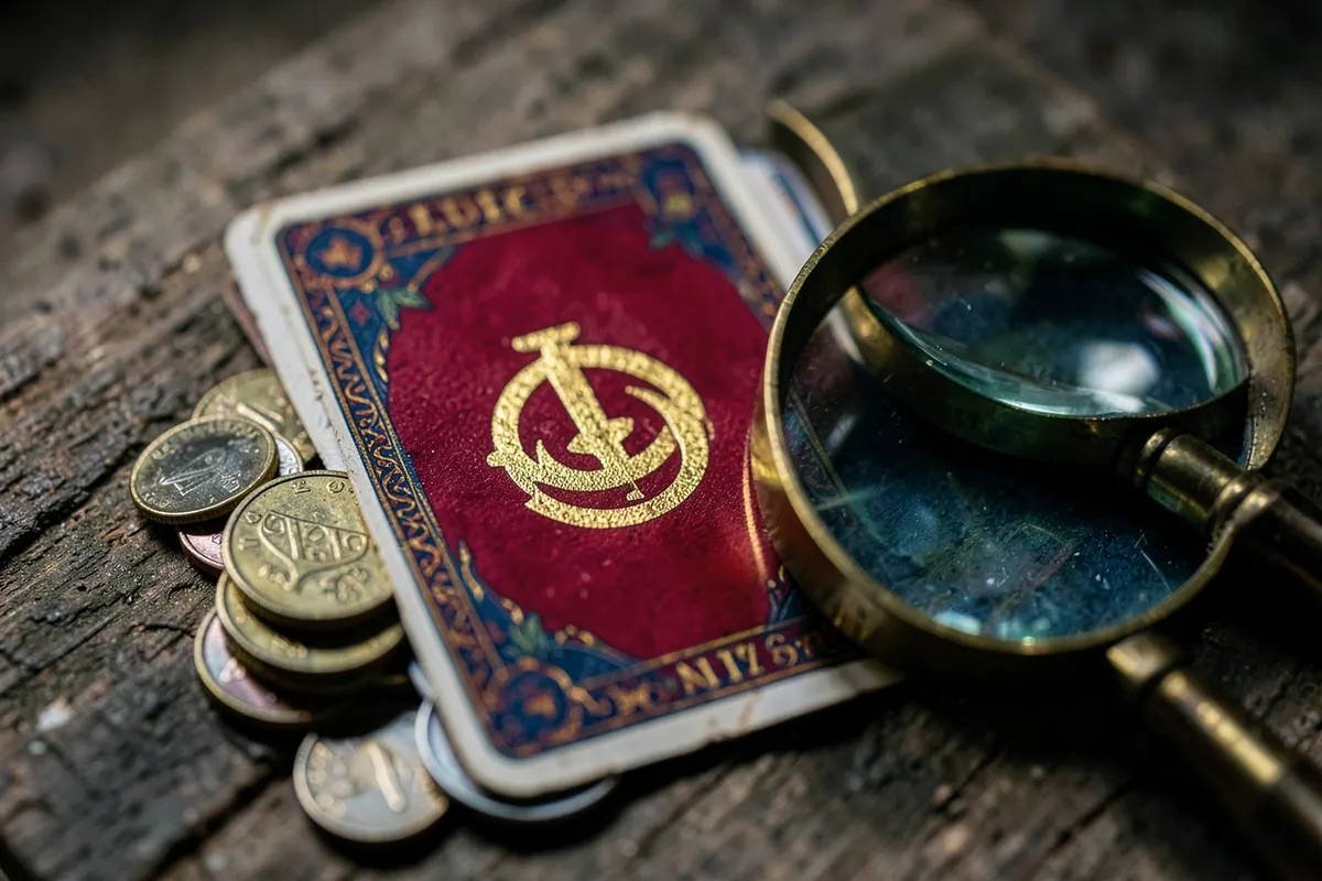 Uma única carta de tarot com o símbolo de ouro, parcialmente coberta por moedas, com uma lupa ao lado.