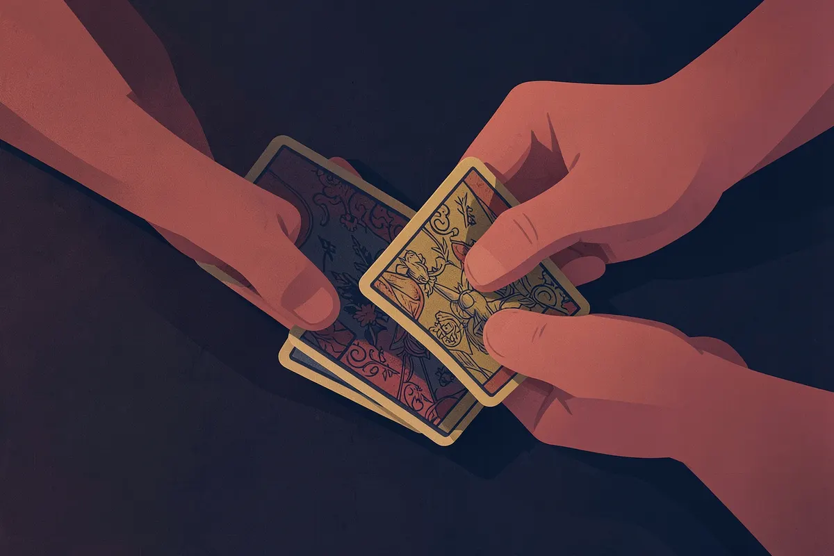 Mãos embaralhando cartas do Tarot