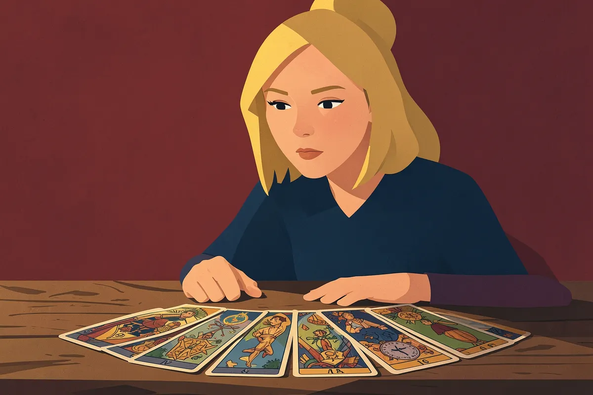 Mulher olhando para cartas do Tarot com expressão de descoberta