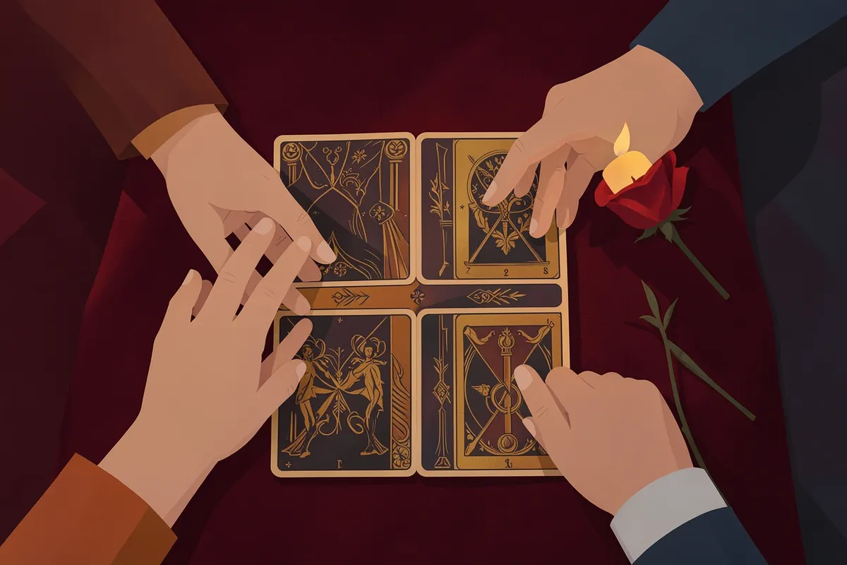 Mãos interpretando cartas do Tarot em um ambiente romântico
