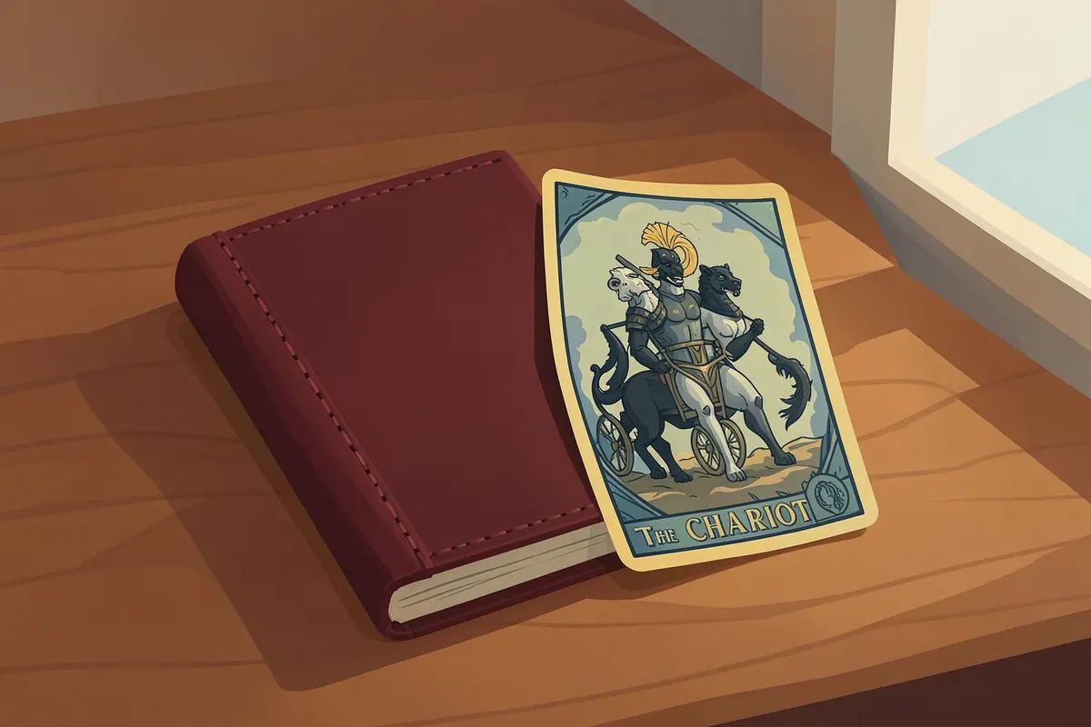 Agenda aberta com uma carta do Tarot ao lado