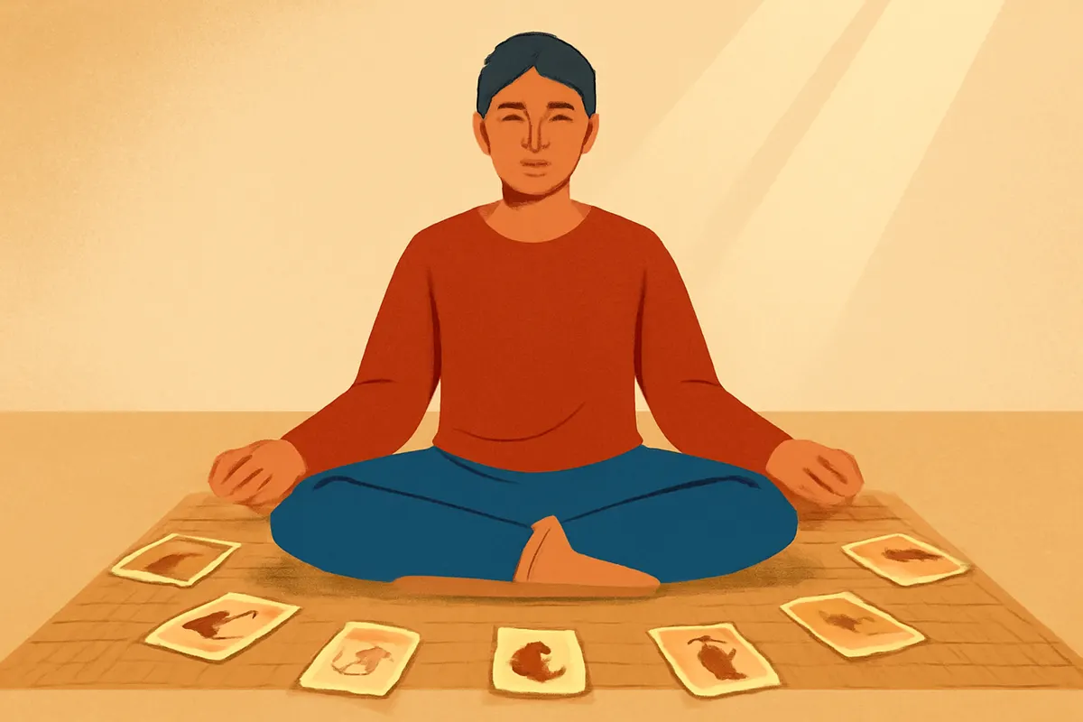 Pessoa meditando com cartas do Tarot ao redor