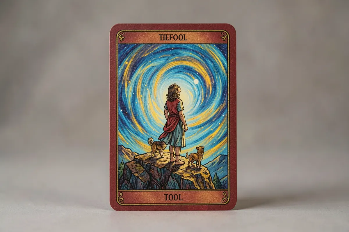 Uma única carta de tarot, "O Louco", com um fundo abstrato de cores vibrantes.