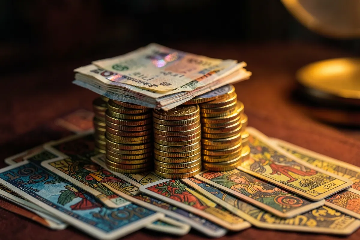 Moedas de ouro e notas de dinheiro empilhadas em cima de cartas de tarot abertas.