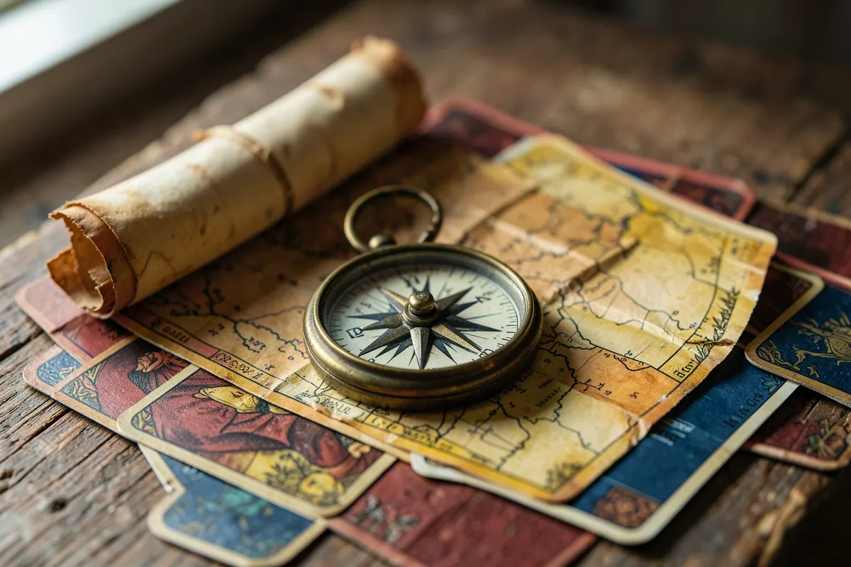 Uma bússola e um mapa antigo sobre cartas de tarot espalhadas.