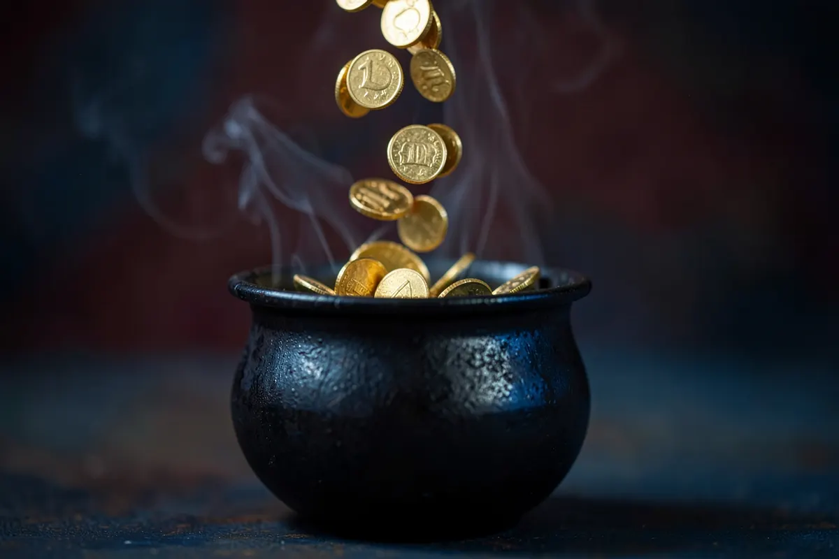 Um pequeno caldeirão fumegante com moedas de ouro caindo dentro.