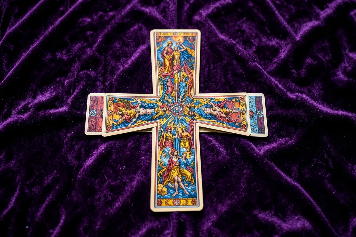 Um conjunto de cartas de tarot dispostas em um padrão de cruz celta sobre um pano de veludo roxo.
