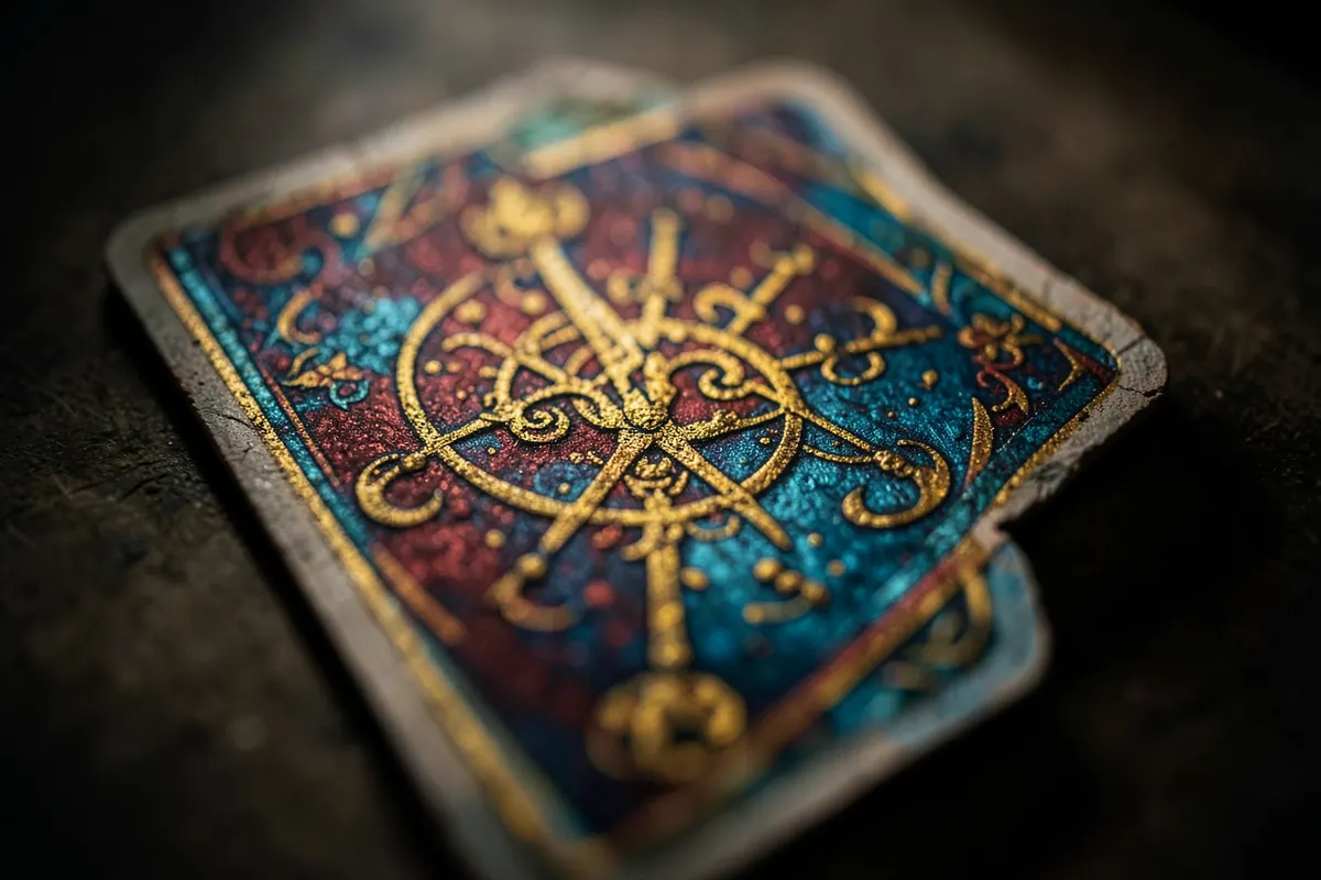 Uma mão segurando uma carta de tarot com um símbolo místico, em close-up.