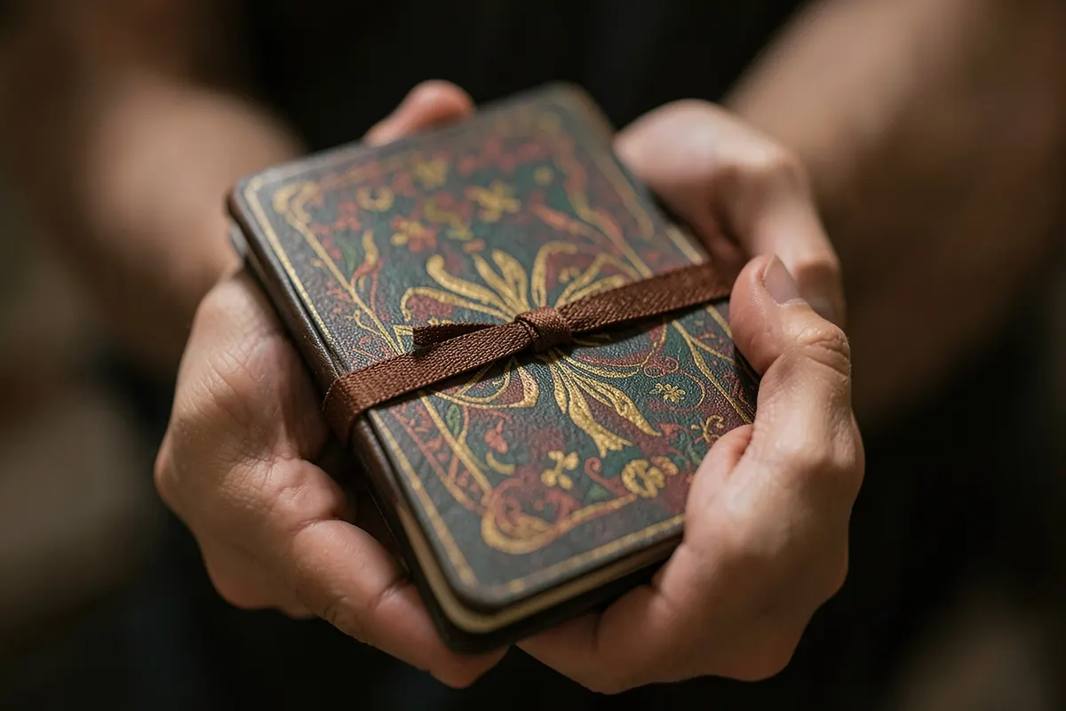 Uma pessoa pensativa olhando para um baralho de tarot fechado em suas mãos.