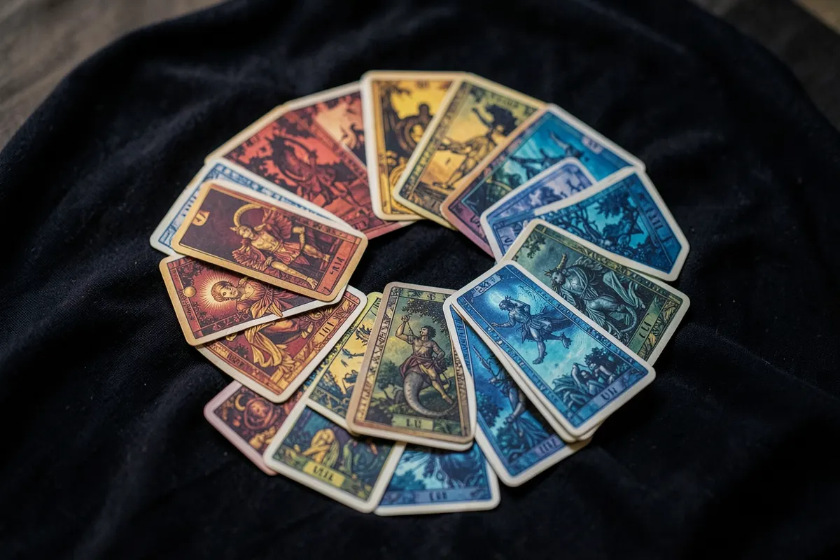 Um conjunto de cartas de tarot dispostas em um padrão circular sobre um pano escuro.