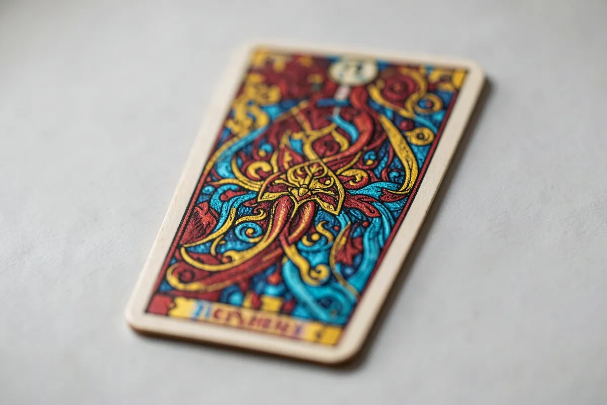 Uma única carta de tarot com uma ilustração complexa, em close-up extremo.