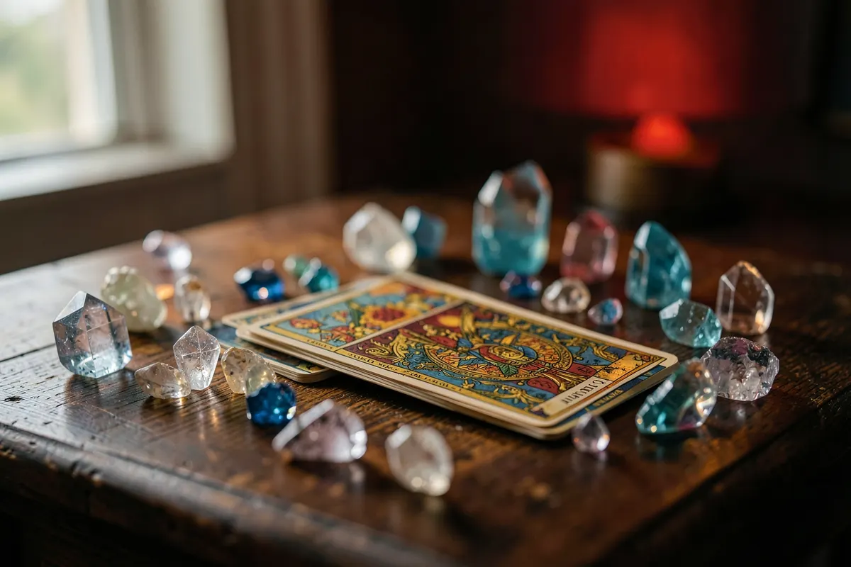 Um ambiente tranquilo com um baralho de tarot e cristais sobre uma mesa.