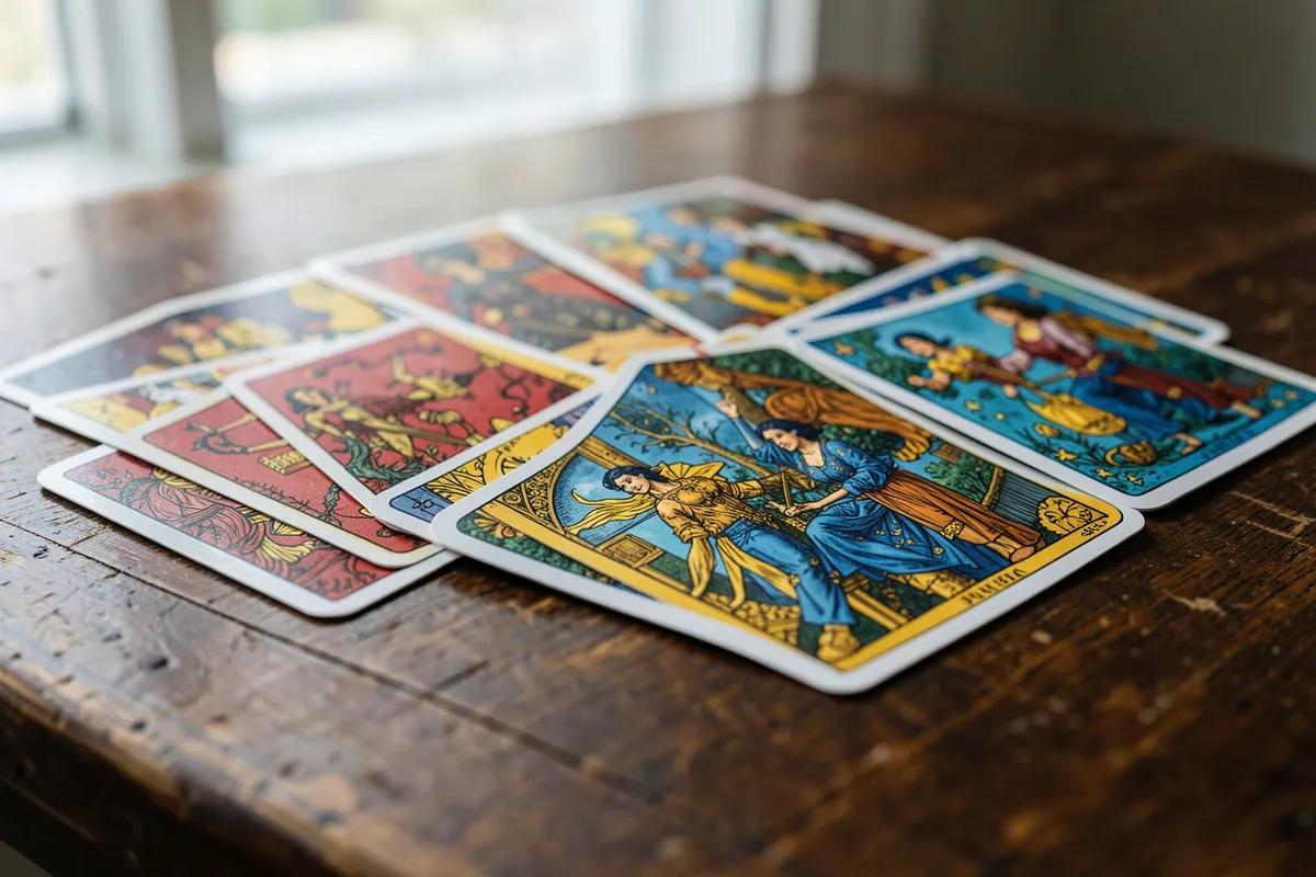 Uma seleção de diferentes cartas de tarot com suas ilustrações variadas.