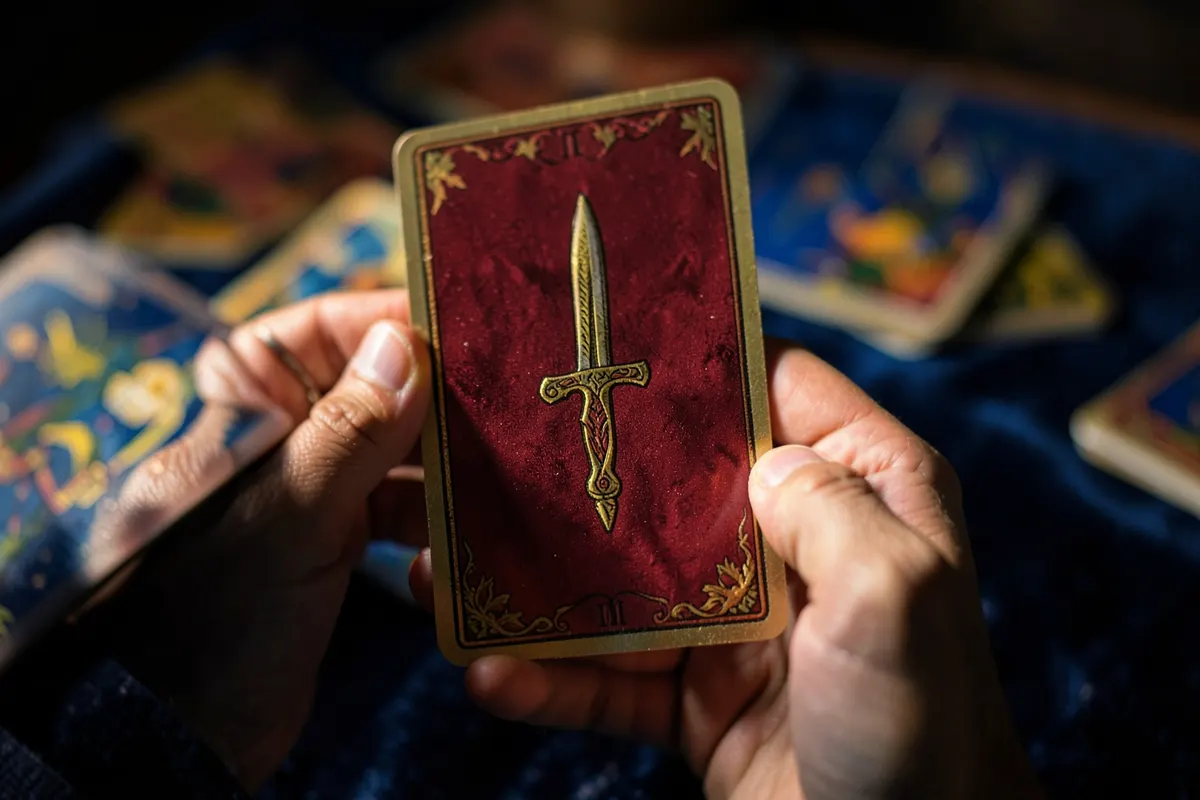 Uma mão segurando uma carta de tarot com um símbolo de espadas, com outras cartas desfocadas ao fundo.
