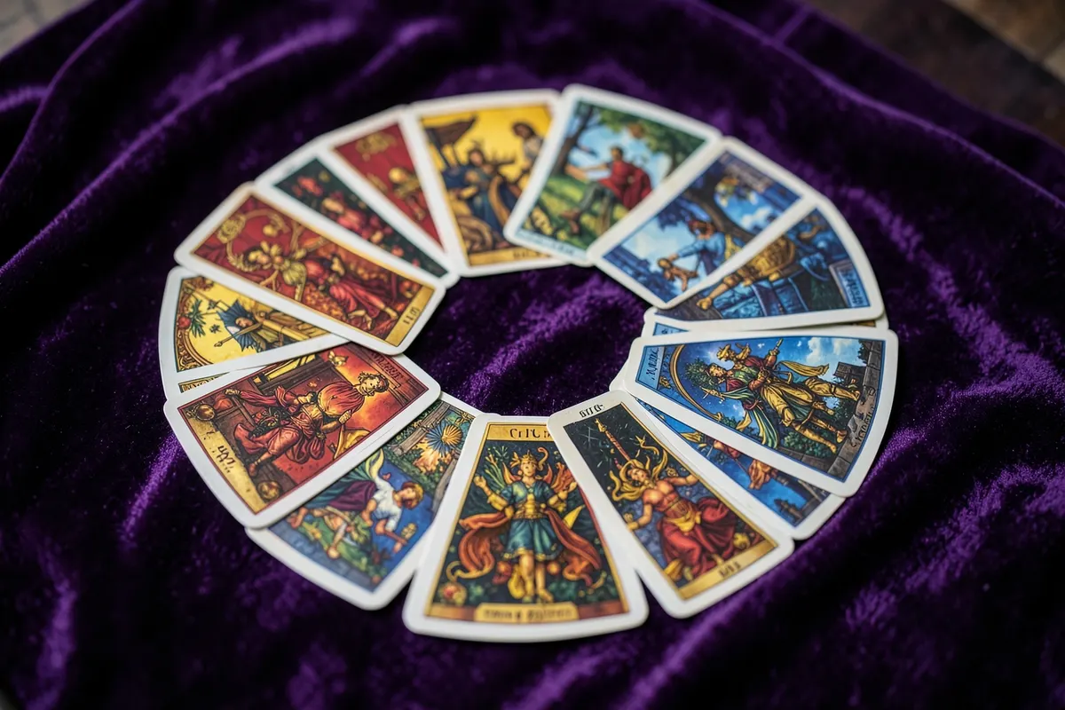 Um conjunto de cartas de tarot embaralhadas em um círculo sobre um pano de veludo roxo.
