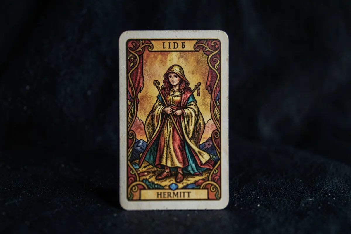 Uma única carta de tarot, O Eremita, virada para cima sobre um fundo escuro e texturizado.