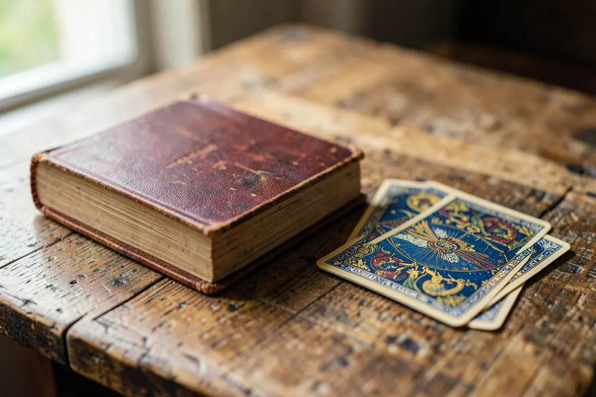 Um livro antigo aberto ao lado de um baralho de tarot em uma mesa de madeira rústica.