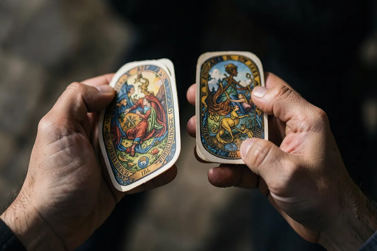 Duas mãos segurando cartas de tarot separadas, simbolizando indecisão.