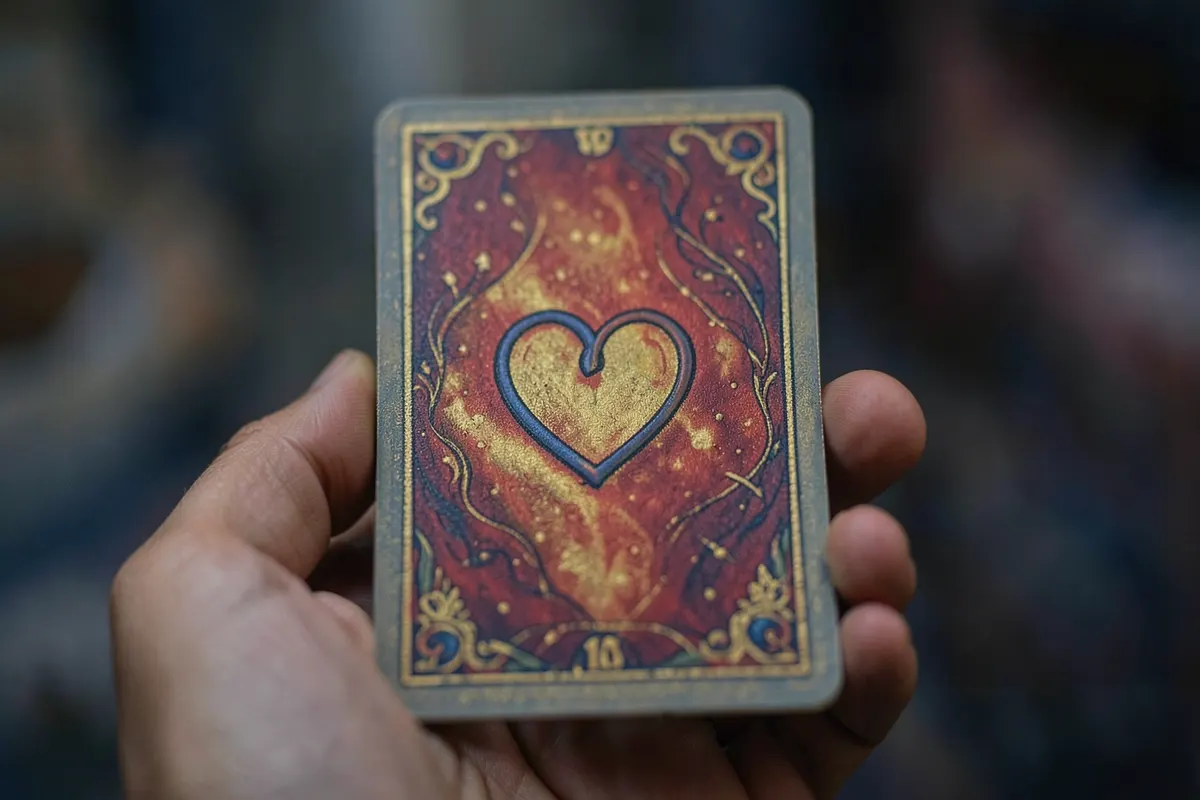 Uma mão segurando uma carta de tarot com o símbolo do amor, com um fundo desfocado de corações.