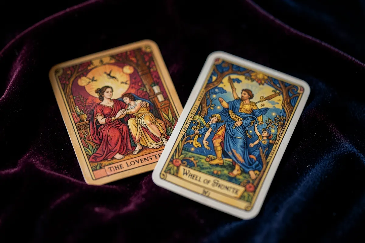 Um close-up de cartas de tarot como Os Amantes e A Roda da Fortuna.