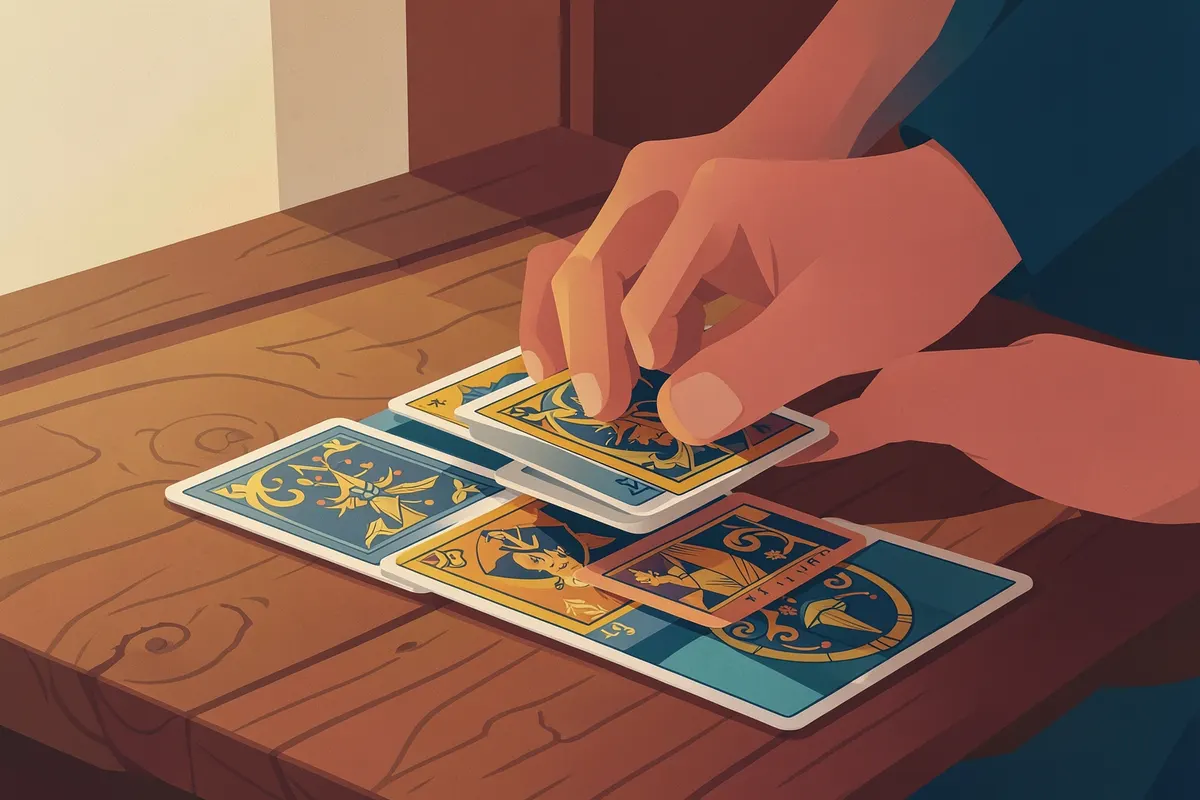 Mãos segurando um baralho de tarot com cartas espalhadas sobre uma mesa de madeira.