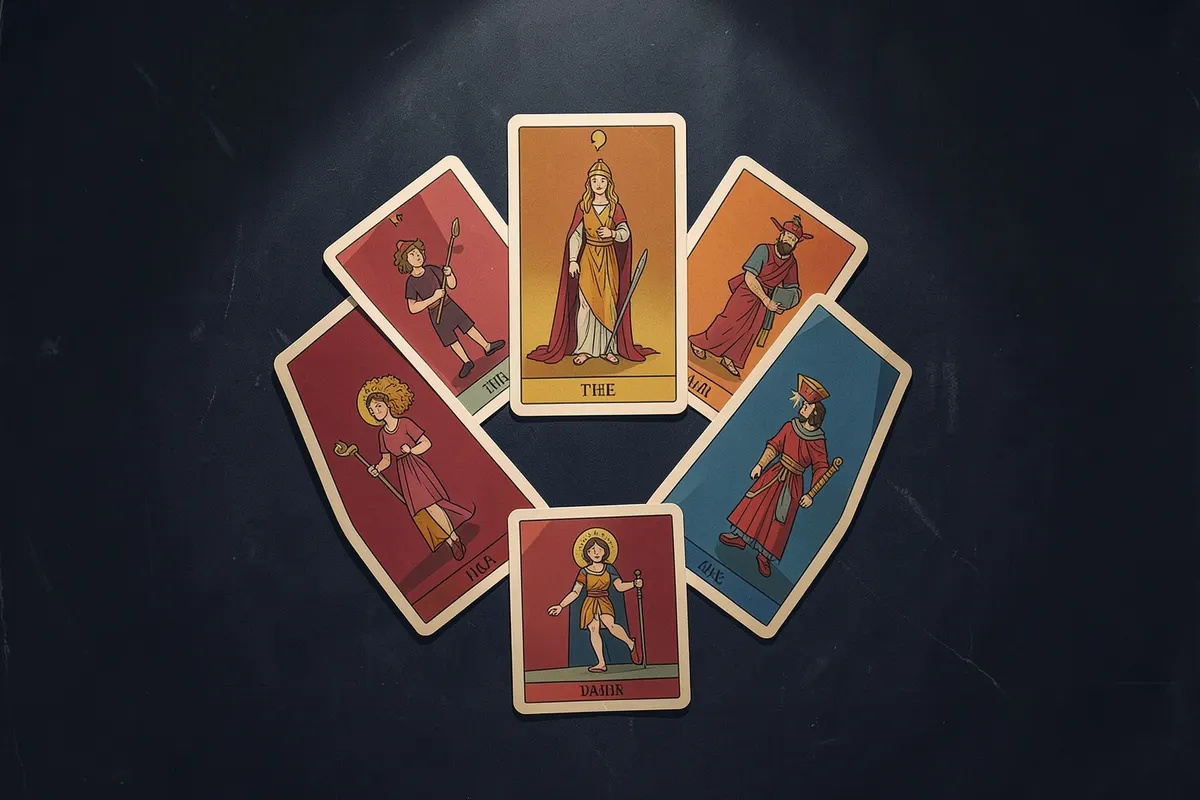 Arcanos maiores do tarot dispostos em um círculo sobre um pano escuro.