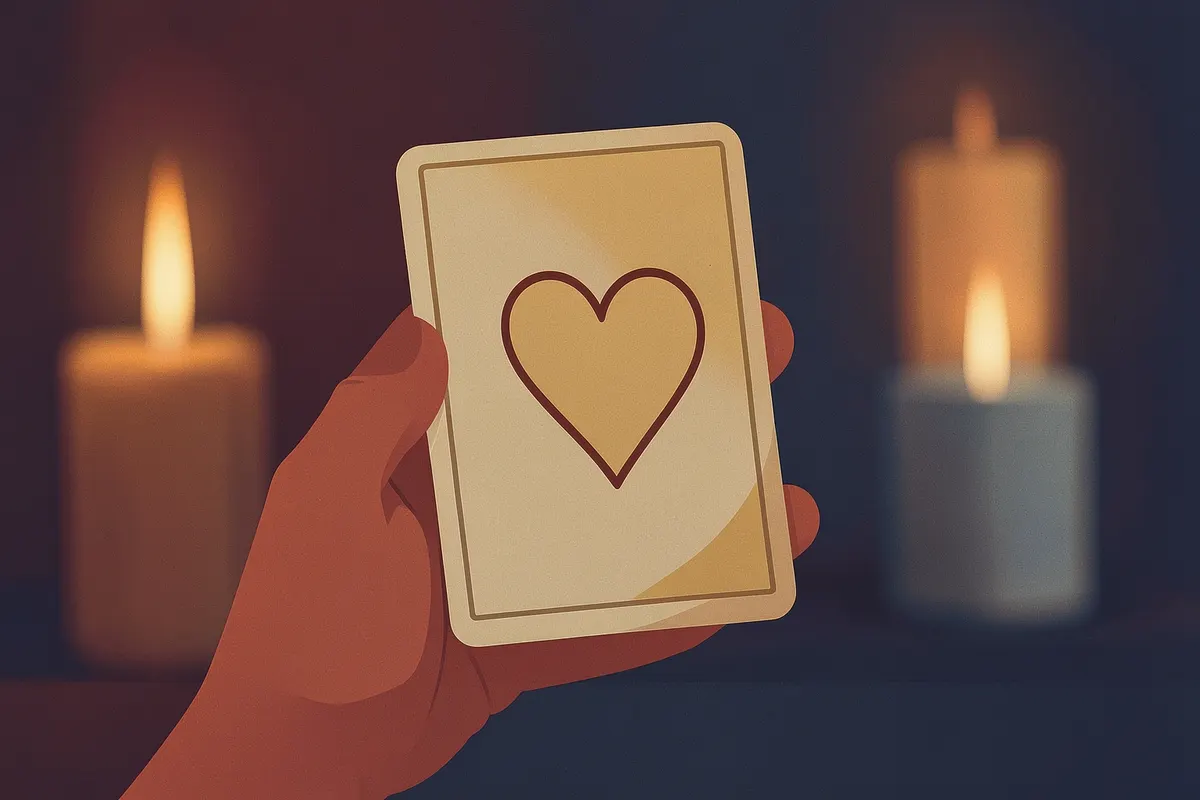 Uma mão segurando uma carta do tarot com um símbolo de coração, sobre um fundo desfocado de velas.