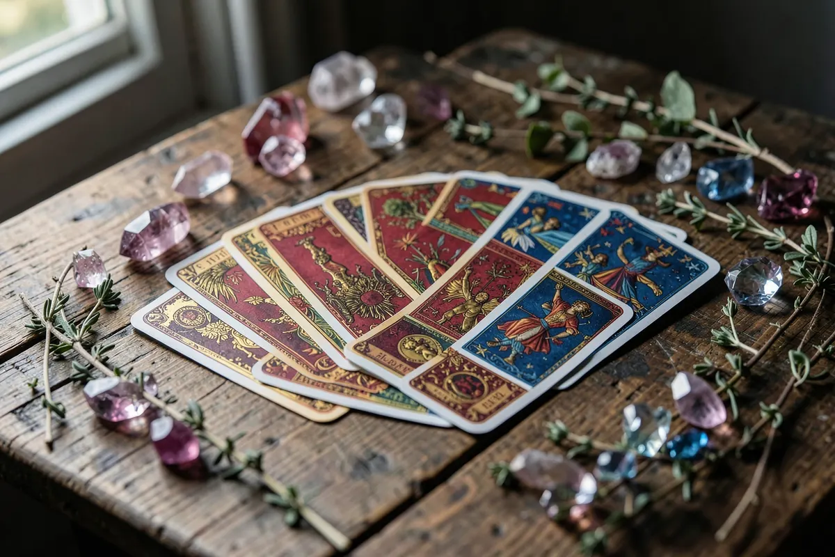 Um conjunto de cartas de tarot espalhadas sobre uma mesa de madeira rústica, com alguns cristais e ervas ao redor.