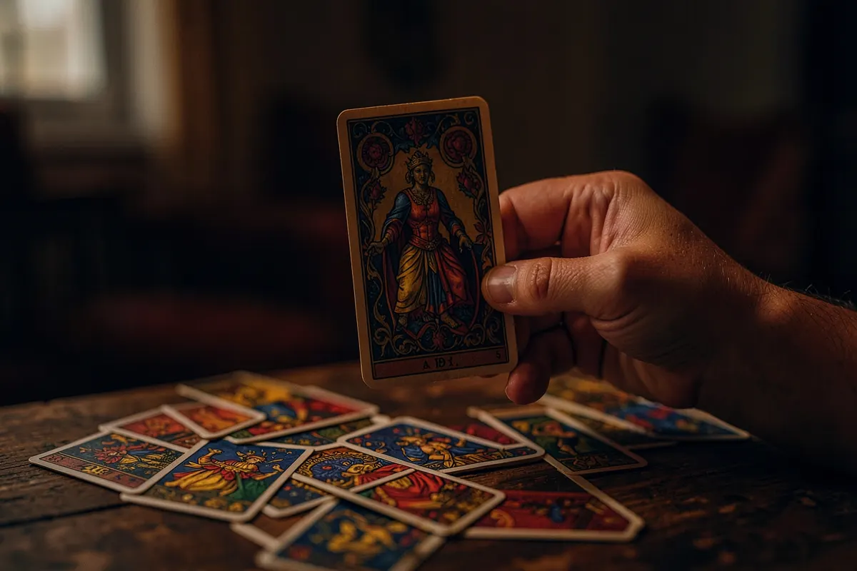 Uma pessoa sentada em frente a uma mesa com cartas de tarot, com uma expressão pensativa e um pouco apreensiva.
