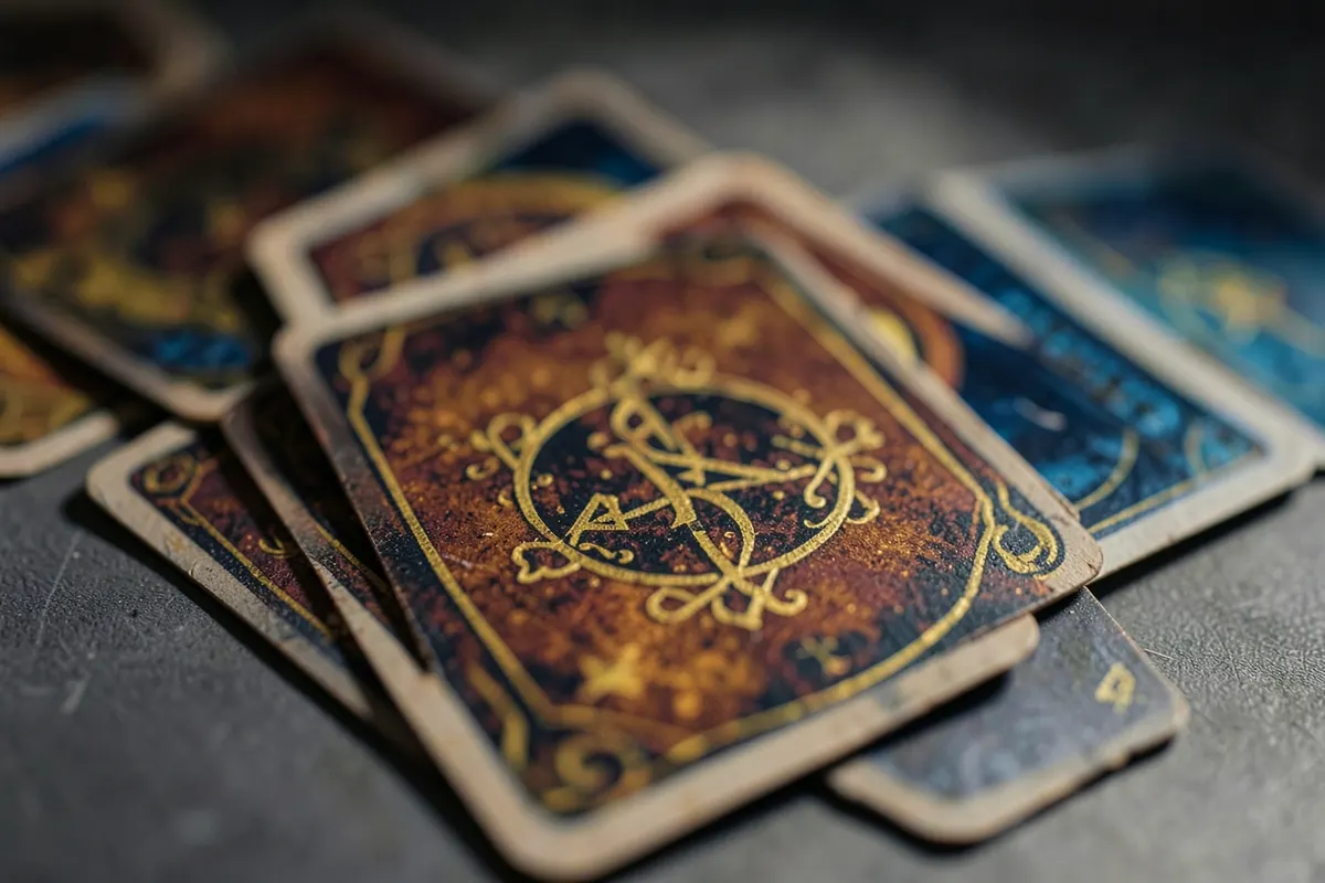 Uma mão segurando uma carta de tarot com um símbolo místico, com outras cartas desfocadas ao fundo.