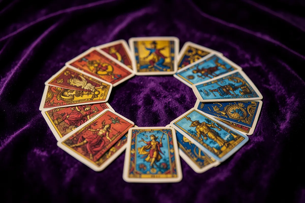 Um conjunto de cartas de tarot dispostas em um círculo sobre um pano de veludo roxo.
