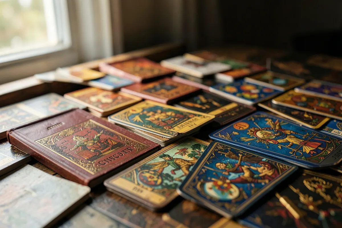 Uma coleção de diferentes baralhos de tarot, alguns abertos mostrando as cartas, outros fechados.
