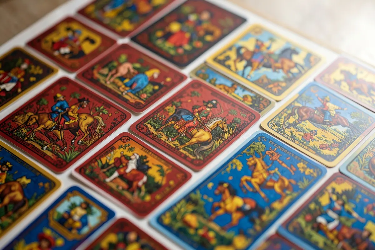 Cartas do Baralho Cigano com ilustrações vibrantes de figuras ciganas, cavalos e elementos da natureza.