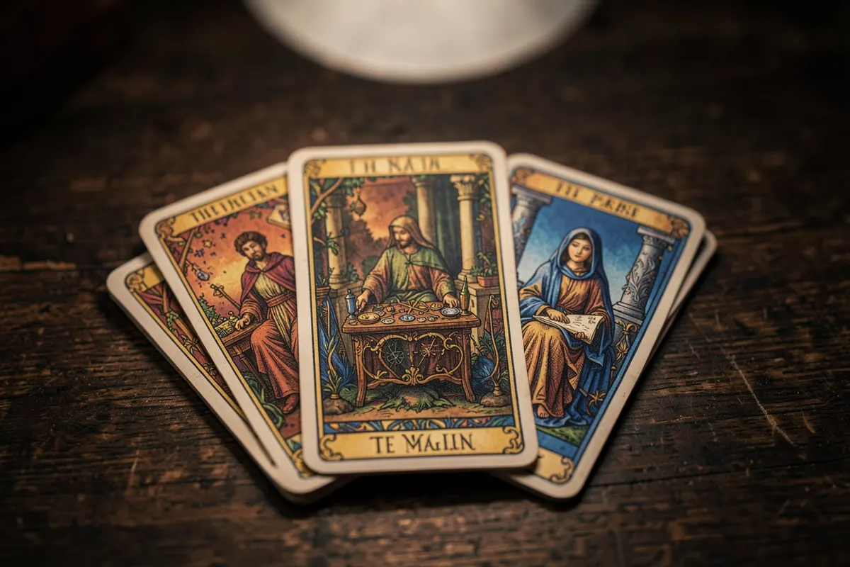 Cartas do Tarot Tradicional com ilustrações clássicas como O Mago e A Sacerdotisa.