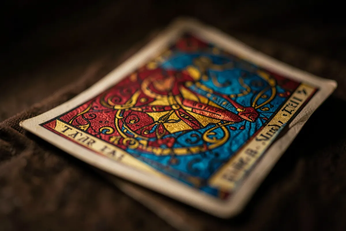 Uma única carta do Tarot Tradicional com uma imagem complexa e simbólica.