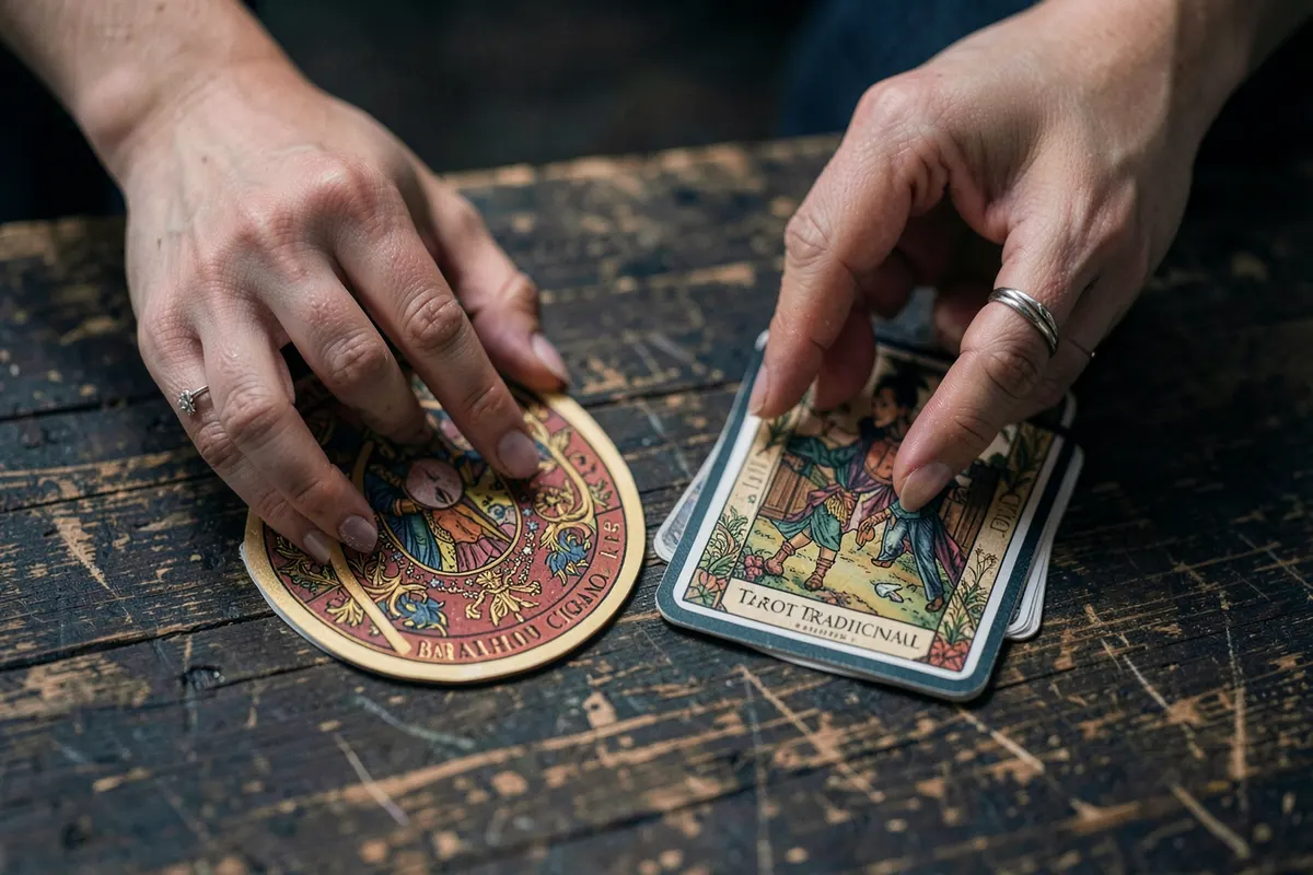 Duas mãos escolhendo entre um Baralho Cigano e um Tarot Tradicional.