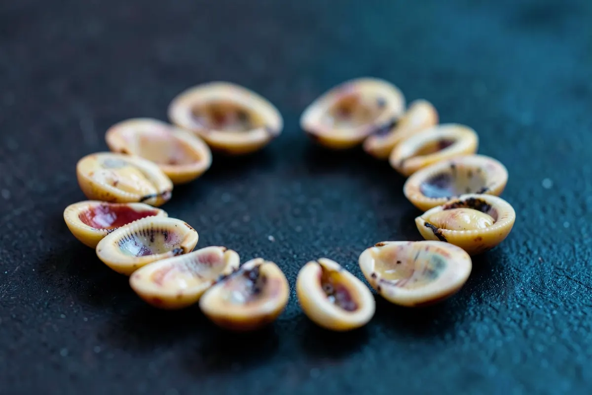 Conchas de búzios abertas e fechadas dispostas em círculo.