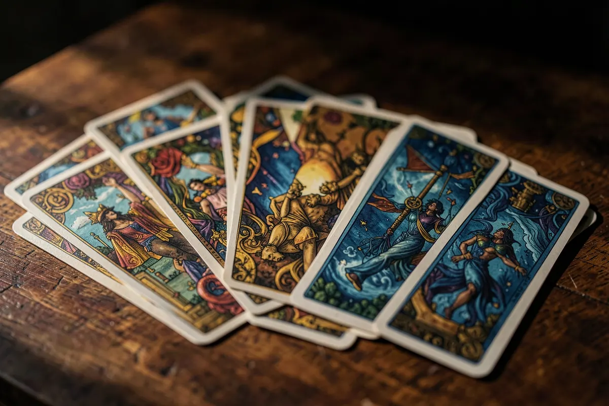 Cartas de Tarot com desenhos místicos dispostas sobre uma mesa.