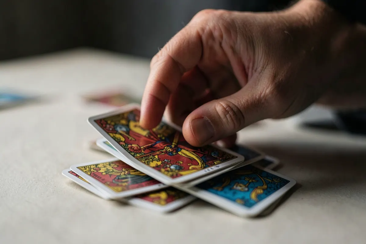 Mão embaralhando um baralho de cartas de Tarot.