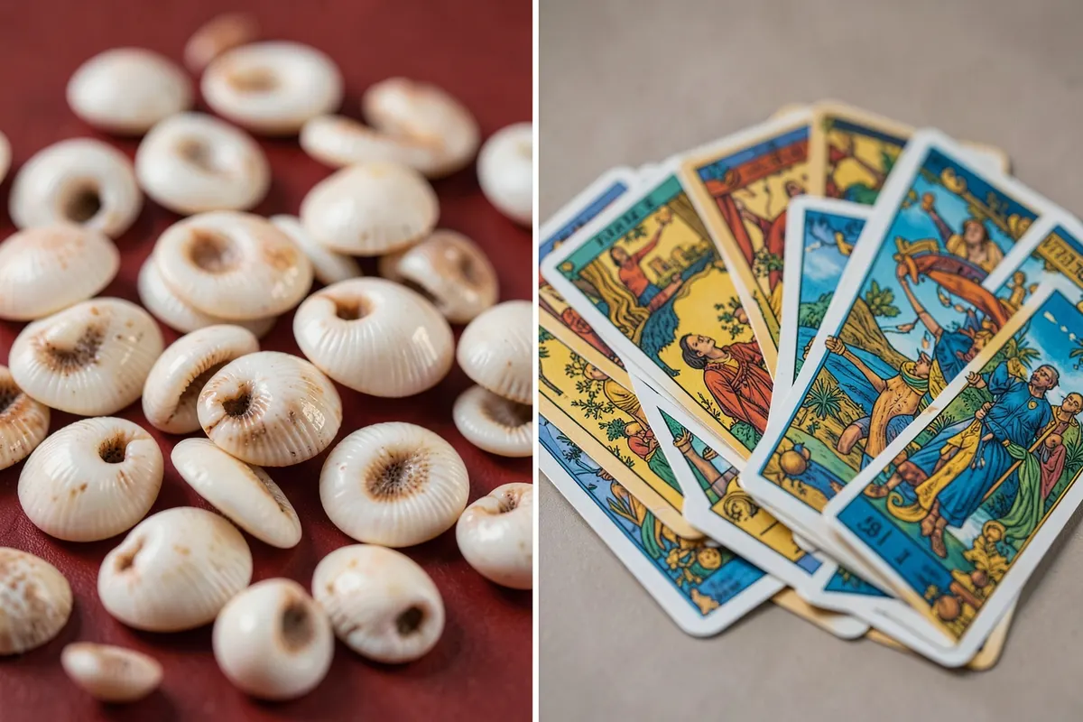 Comparação visual de conchas de búzios e cartas de Tarot lado a lado.