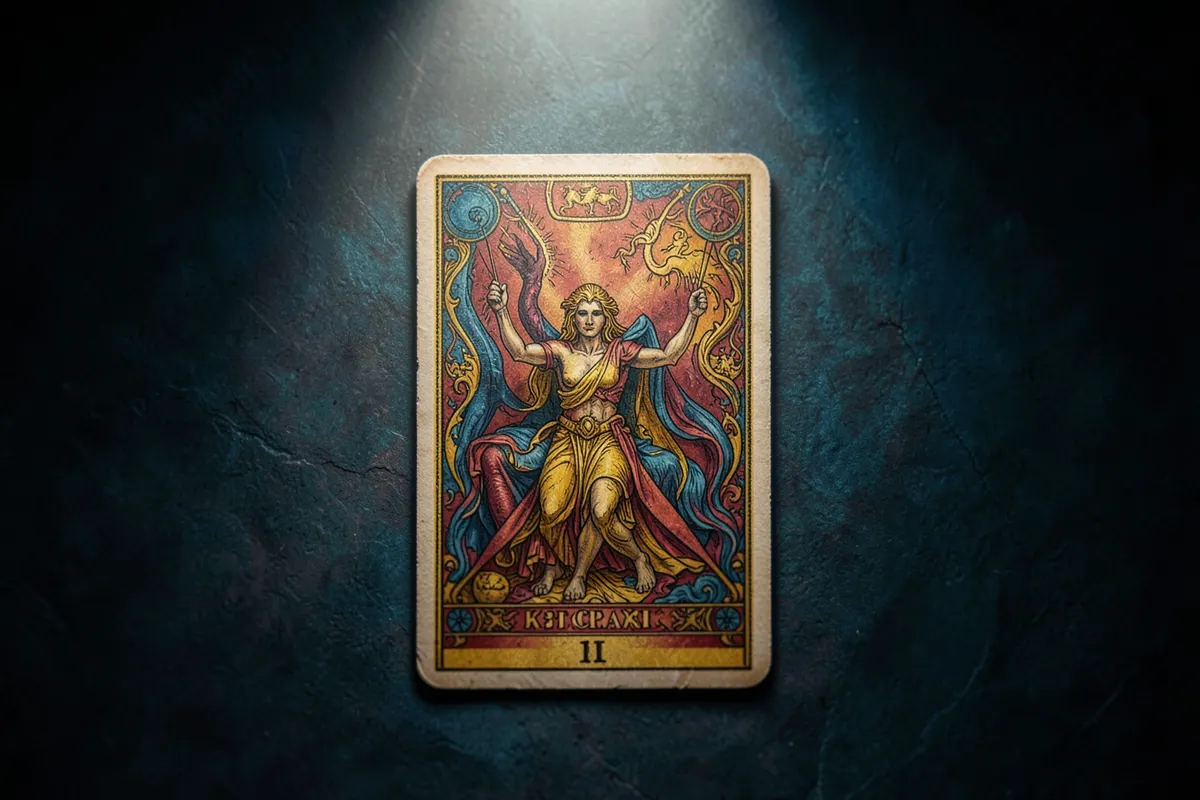 Um único arcano maior de Tarot sobre um fundo escuro.