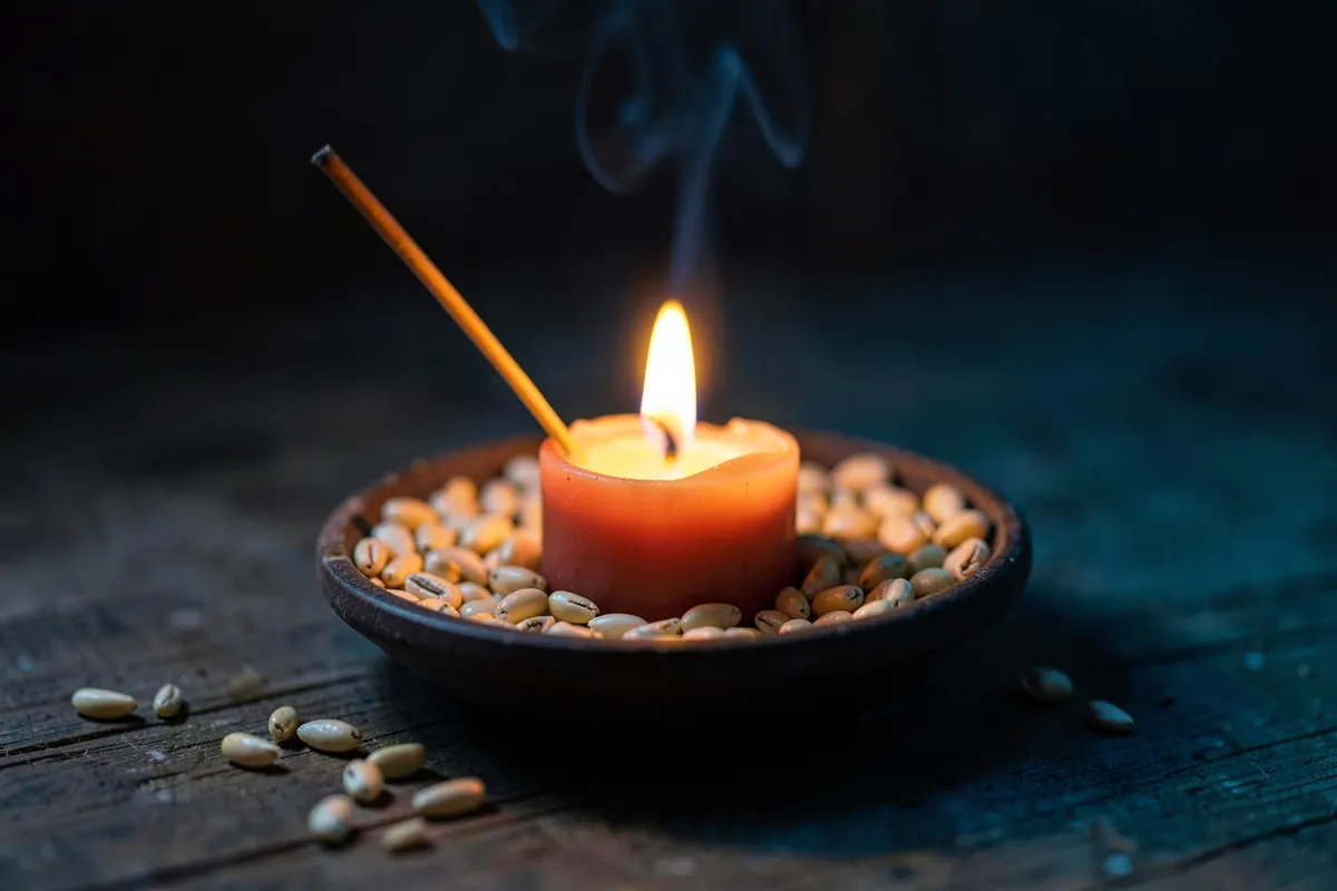 Um pequeno altar com conchas de búzios e incenso.