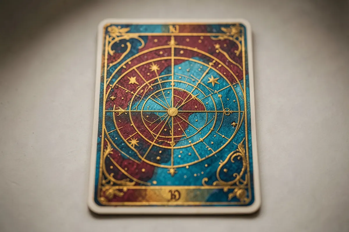 Um arcano maior do tarot, A Roda da Fortuna, com símbolos de destino e movimento.