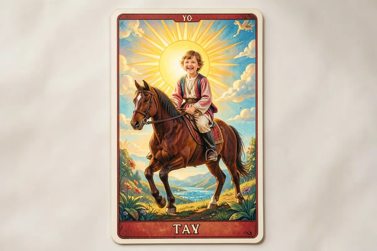 Um arcano maior do tarot, O Sol, com um cavalo e um sol radiante.