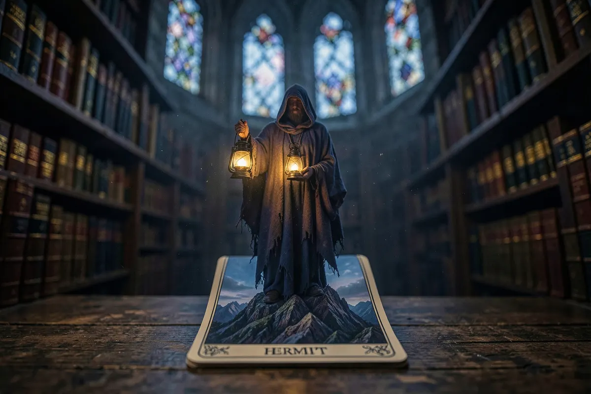 Um arcano maior do tarot, O Eremita, com uma figura solitária segurando uma lanterna.