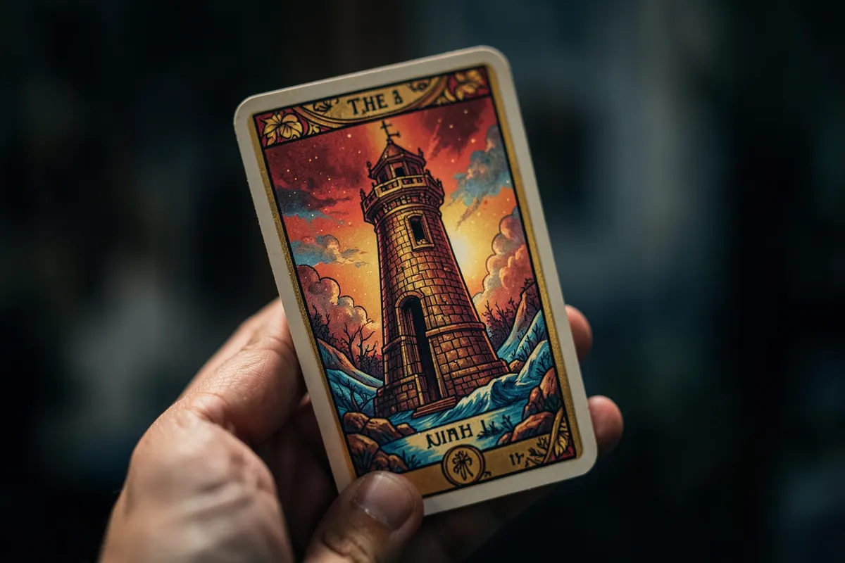 Uma mão segurando uma carta de tarot com a imagem da Torre, com uma expressão de confusão.