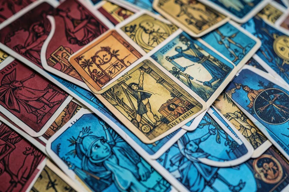 Um close-up de várias cartas de tarot com símbolos sobrepostos, sugerindo interpretação confusa.