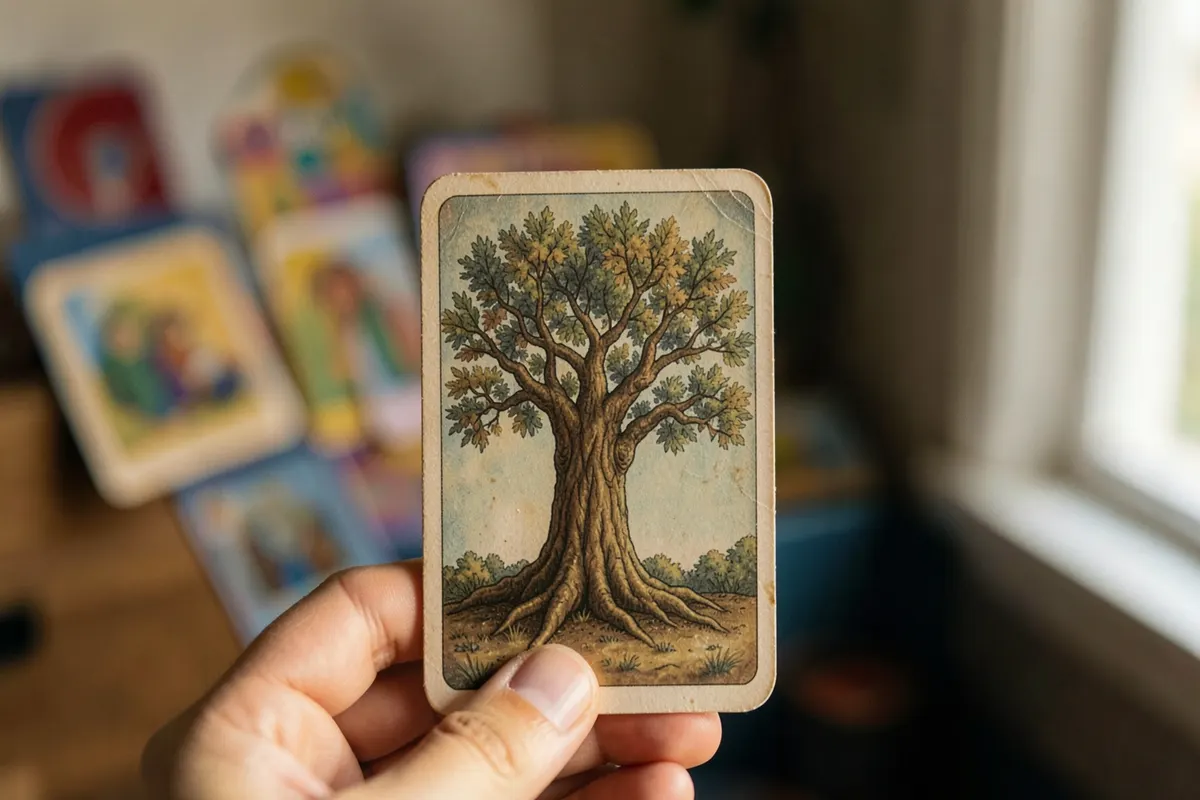 Uma mão segurando uma carta do baralho cigano com a imagem de uma árvore, com outras cartas desfocadas ao fundo.