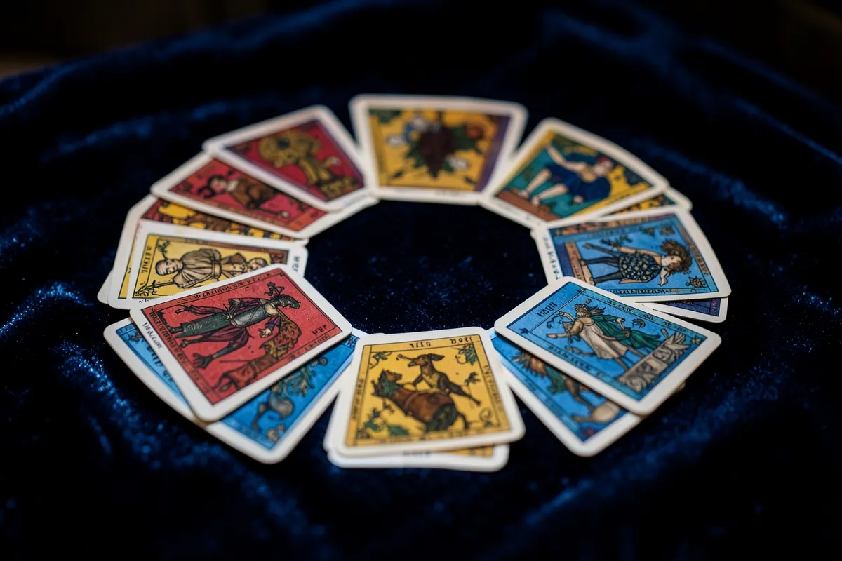 Um conjunto de cartas do baralho cigano dispostas em um círculo sobre um pano de veludo azul escuro.